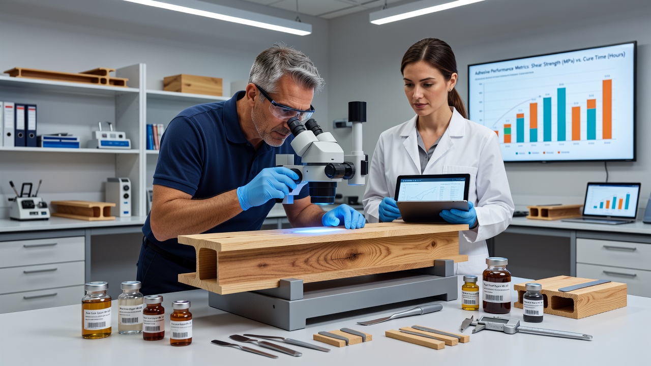 Industrial press applying adhesive to wood I-profile components with quality control sensors in view